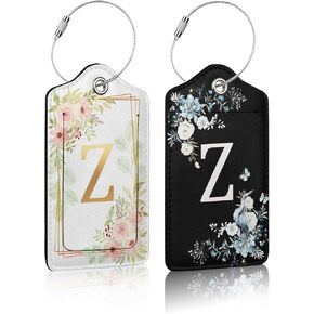 Set of 2 Luggage Tag for Suitcases Floral Letter W PU Leather Luggage Tag with Full Back Privacy Name ID Card Fun Laggage Tags