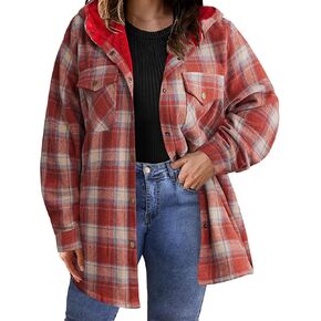 IN'VOLAND Plus Size Women Flannel Plaid Shacket Jacket Long Sleeve Button Down Fleece Hooded Jackets Fall Winter Coat
