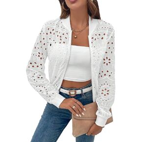 Floerns Women's Eyelet Embroidery Baseball Collar Long Sleeve Zip Up Bomber Jacket