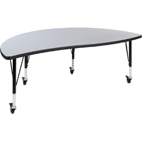 Flash Furniture Mobile 60" Half Circle Wave Collaborative Grey Thermal Laminate Activity Table - Height Adjustable Short Legs