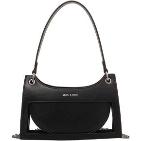 SweatyRocks Women's Cut Out Chain Strap Shoulder Bag Letter Print Top Handle Zipper Handbag Elegant Medium Bag Black One-Size