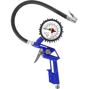 Auto Tire Inflator/Deflator Air Pressure Gauge: Rubber Hose, 2-1/2" Dial Gauge with Straight Brass Lock-on Chuck, Compatible with Air Pump Compressor for RV, Car, Motorcycle and Bike