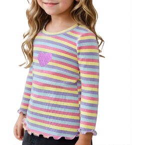 OPAWO Girls Long Sleeve Shirts Ribbed Knit Lettuce Trim Tee Shirt Tops, Little Girl Striped Blouse Undershirts Size 3-7 Years