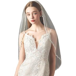 Pearl Edge Wedding Veil Sequin Beaded Trim Bridal Veils Elegant Crystal Fingertip Length Bachelorette Party Veil 1 Tier Ivory Tulle Glitter Veils for Brides
