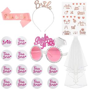 Bachelorette Party Decorations, Lecone17 Pieces Bridal Shower Decoration Bride to be Set Bride to Be Satin Sash Garter Bride Rosette Brooch Headband Tiara and Veil Bride Pink Glasses Tattoos
