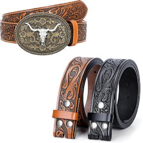 SANSTHS Western Belts for Men, 3 Western Belt Straps and 1 Cowboy Belt Buckle, for 34"-36" Waist