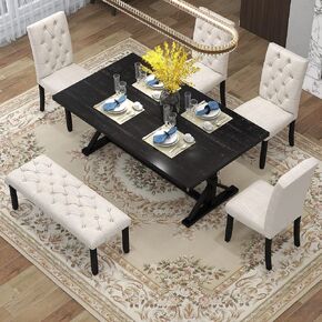Dining Set for 6 Includes 4 Upholstered Chairs, Tufted Bench, Rectangular Cross-Legged Trestle Base, Farmhouse Style Kitchen Tables Solid Wood Furniture for Living Room,Espres, Espresso-6 in Kuwait