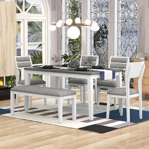 Piece, Classic Traditional Style Table, 4 Upholstered Chairs & Bench, Natural Finish | Kitchen & Dining Furniture Set for 6, White+Gray in Kuwait