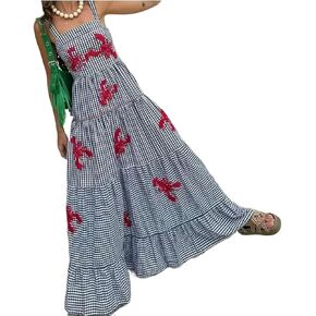 XPONNI Gingham Dress Lobster Summer Maxi Dresses for Women 2024 Shrimp Long Dress Flowy Ruffle Linen Sun Dress