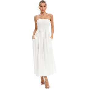Aigeman Women Strapless Tube Maxi Dress Sleeveless Summer Boho Beach Dress Off Shoulder Flowy Swing Dress with Pokets 330