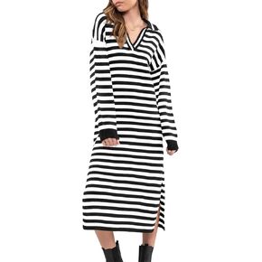 Yousify Sweater Dress for Women Long Sleeve Striped Color Block V Neck Casual Fall Dresses XS-XL