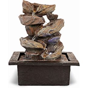 11-inch Waterfall Fountain Indoor from Stacked Cascading 5-Tier Rocky Waterfall Bowls-Tabletop Water Fountain-Indoor Fountains and Waterfalls with Soothing Sounds & in-Pot LED Light Enhancement