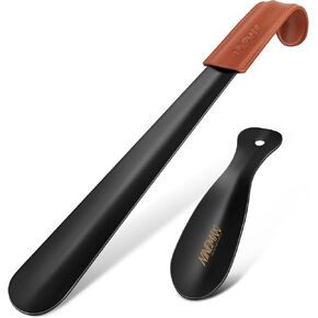 NINEMAX Shoe Horn Long Handle 16.5" Leather Handle Metal Shoehorn with 7.5" Travel Shoe Horns for Men, Women, Seniors (Pack of 2)