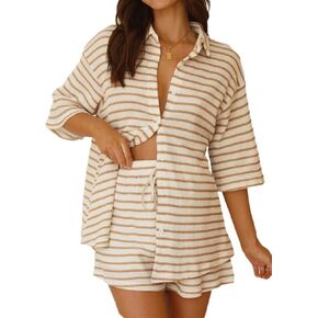 VOIKERDR Two Piece Sets for Women Summer Fall Transitional Loose Shirts and Shorts Crochet Two Piece Sets Women 2024