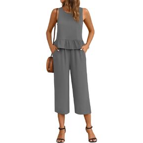 Anyhold Women's 2 Piece Outfits Sets Casual Sleeveless Ruffle Crop Tops Wide Leg Capri Pants with Pockets