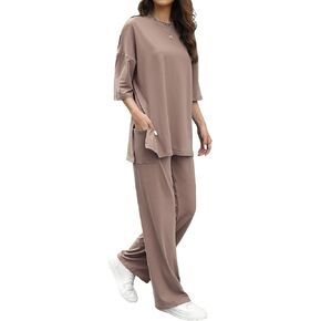 Womens 2 Piece Outfits Short Sleeve Set Wide Leg Pants Casual Trendy Pullover Lounge Set