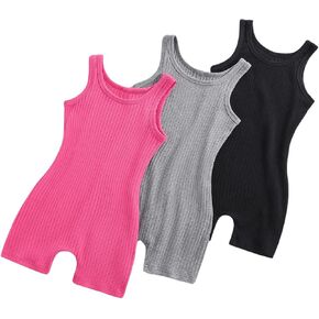 Floerns Girl's 3 Pcs Sleeveless Rib Knit Round Neck Tank Rompers Jumpsuit