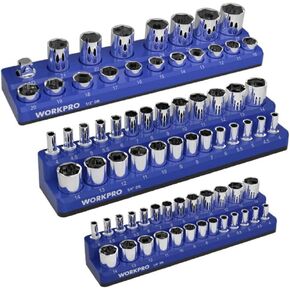WORKPRO Magnetic Socket Organizer Set, 3-Piece Socket Holder Set Includes 1/4", 3/8" and 1/2" Drive Metric Socket Trays, Holds 75 Pieces Standard Size and Deep Size Sockets(Socket not Included)