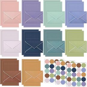 TaoBary 160 Packs Stationery Paper Set (50 Double Sided Stationery Writing Papers 50 Matching Envelopes) 60 Round Dot Sticker, 10 Design (5.5 x 8.25 Inch,Boho Color)