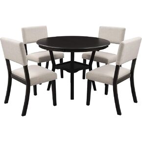 5-Piece Round, Bottom Shelf, and 4 Upholstered Chairs, Dining Table Furniture Set for Kitchen, Natural Wood Wash in Kuwait