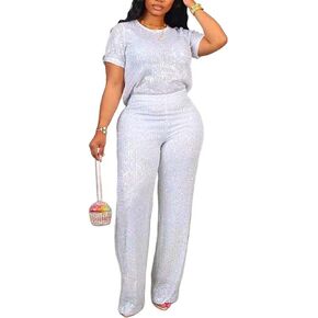 Women's Sparkly Sequin Set Crewneck Short Sleeve Top Straight Leg Baggy Trouser Party Outfits