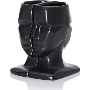 Black Face Bookends Vase Set, 7 Inch Ceramic Black Vase(Set of 2) Cool Decorative Bookends Objects for Bookshelf, Black Accent Bookshelf Decor Items, 7×5.5×2.75, Black (1 Pair/2 Pieces)