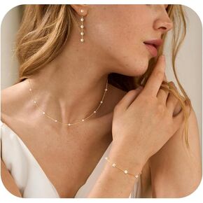 Gold Jewelry Set for Women,Dainty 14K Gold/Silver Plated Pearl Necklace and Earring Set CZ Diamond Long Pearl Drop Earrings Pearl Bracelets Pearl Choker Necklace Wedding Bride Jewelry for Women