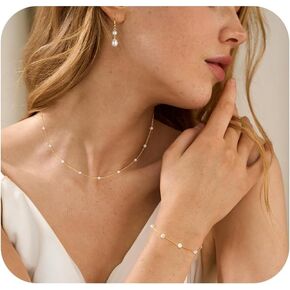 Gold Jewelry Set for Women,Dainty 14K Gold/Silver Plated Pearl Necklace and Earring Set CZ Diamond Long Pearl Drop Earrings Pearl Bracelets Pearl Choker Necklace Wedding Bride Jewelry for Women