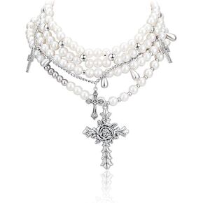 Layered Pearl Cross Necklace Statement Gothic Stacked Rhinestone Pearl Necklace for Wome