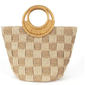 Beach Tote Bag for Women, Hand Woven Bags, Natural Fibre Boho Purse, Top Handle Hobo Handbag, Straw Summer Purses