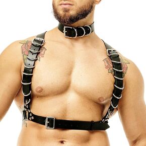 Men's Harness Belt Costume with Leather Bandage Collar, PU Leather Body Chest for Men, Sexy Punk Body Harness Belt, Adjustable Buckle Clothes Outfits, Nightclub Cosplay Clubwear