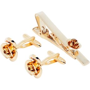 14K Gold Plated Rose Flower Men Tie Clip and Cufflinks Set for Wedding Dress