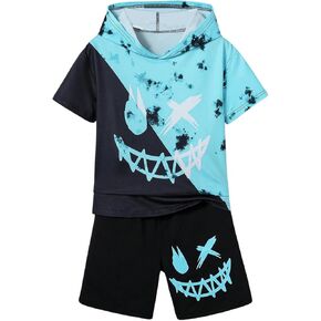 WDIRARA Boy's Two Piece Graphic Print Drawstring Hooded Neck Tops and Track Shorts Clothing Set