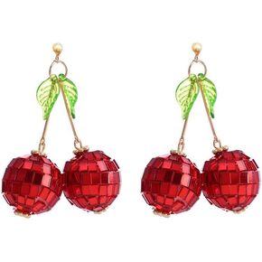70s 80s Disco Cherry Earrings for Women Red Funny Drop Dangle Earrings Gold Plated Charm Green Leaf Tassel Bohemian Kawaii Aesthetic Holiday Jewelry Girls Gift