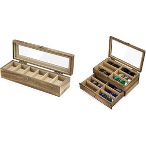 SRIWATANA Watch Box Case 6 Slot and 12 Slot Sunglasses Organizer for Women Men, Vintage Style (Contains 2 Items)
