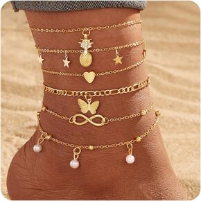 KISS WIFE Gold Anklets for Women, 14k Gold Plated Layered Cuban Figaro Link Chain Anklets Set, Dainty Waterproof Summer Beach Foot Jewelry