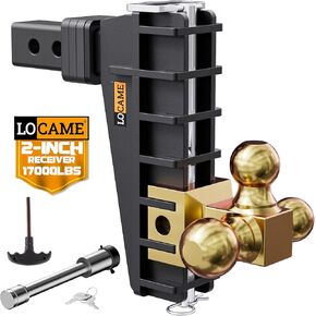 LOCAME Adjustable Trailer Hitch, Tri-Ball(1-7/8'', 2'', 2-5/16''), Fits 2 Inch Receiver, 8 Inch Drop Hitch, 17000 LBS GTW, Heavy Duty Trailer Hitch for Truck, Gold, LC0081