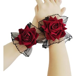 Gothic Rose Lace Gloves Lolita Hand Sleeve Black Lace Elastic Bracelet Wine Red Flower Wrist Cuff Dress Accessories for Women Girls Wedding Halloween Prom Masquerade Party Clothing 1 Pair