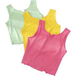 Floerns Girl's 3 Pcs Knitted Notch Neck Lettuce Trim Sleeveless Crop Tank Tops