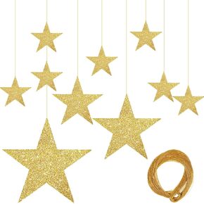 24pcs Gold Cardboard Stars Shining Cutouts Paper Stars Glitter Hanging Stars Decorations Confetti Cutouts Star Wall Decor 6/12/20/30cm & 50m Hanging Line for Valentine's Day Movie Night Party Decor