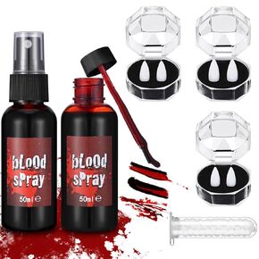 2 PCS Halloween Fake Blood Makeup Kit 3 Size Vampire Teeth Fangs Fresh Red Realistic Fake Blood Spray Washable Blood Gel for Monster Zombie Cosplay Dress Up