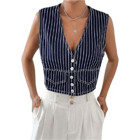 Verdusa Women's Sleeveless Button Front V Neck Striped Crop Denim Vest Top
