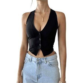 GORGLITTER Women's Fashion Cropped Vest Tops Sexy Backless Halter Tops Going Out Button Down Tank Tops