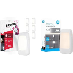 Energizer 4-in-1 LED Power Failure Night Light, 6 Pack, Plug-in, Light Sensing, Auto On/Off & GE 4-in-1 LED Power Failure Night Light, Dusk-to-Dawn Sensor, Foldable Plug, Portable, Flashlight