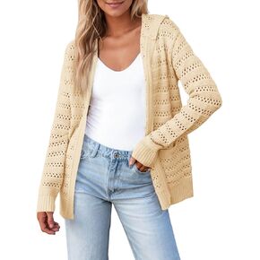 Saodimallsu Womens Hooded Cardigans Crochet Knit Long Sleeve Open Front Sweater with Pockets