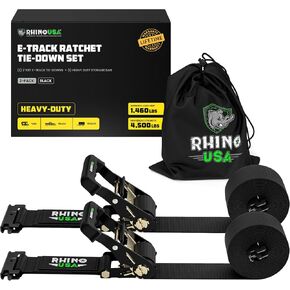 Rhino USA E Track Ratchet Tie Down Straps (4,500lb Break Strength) - Includes (4) Premium 2" x 16' eTrack Tie Downs - Ultimate Heavy Duty eTrack Cargo Strap System for Trailer, Truck, SxS, ATV (Black)