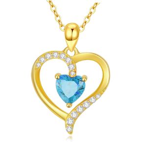 Real 14K Gold Birthstone Heart Pendant Necklace for Women Solid Gold Love Heart Necklace, Birthday Gift for Her, Christmas Gifts for Mom Wife Anniversary Jewelry, 16+2 Inch