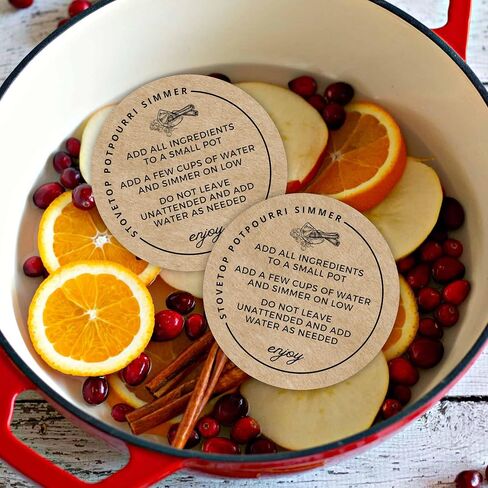 Stovetop Potpourri Instruction Label | 250 pc Roll 2" Circle Label Brown Boho Kraft Paper Design for Christmas Holiday Package of Stove Top Simmer Home Scent Use with Glass Saucepan Steamer Pot in Saudi Arabia
