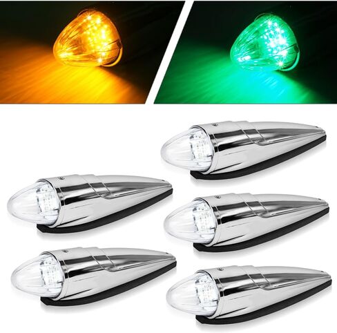 5 قطع 21 مصباح LED ثنائي اللون لعلامة الكابينة، عدسات شفافة من الكروم توربيدو لسقف الكابينة، مصابيح علوية للجري، بديلة للشاحنات الثقيلة كينوورث فريتلاينر بيتربيلت إنترناشيونال ماك، كهرماني/أخضر in Saudi Arabia
