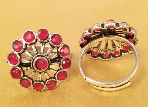 By Touchstone Indian Bollywood Beautiful Handcrafted Floral Workmanship Faux Ruby Ethnic Wearing Designer Jewelry Adjustable Toe Rings In Oxidized Silver Tone For Women. in Saudi Arabia